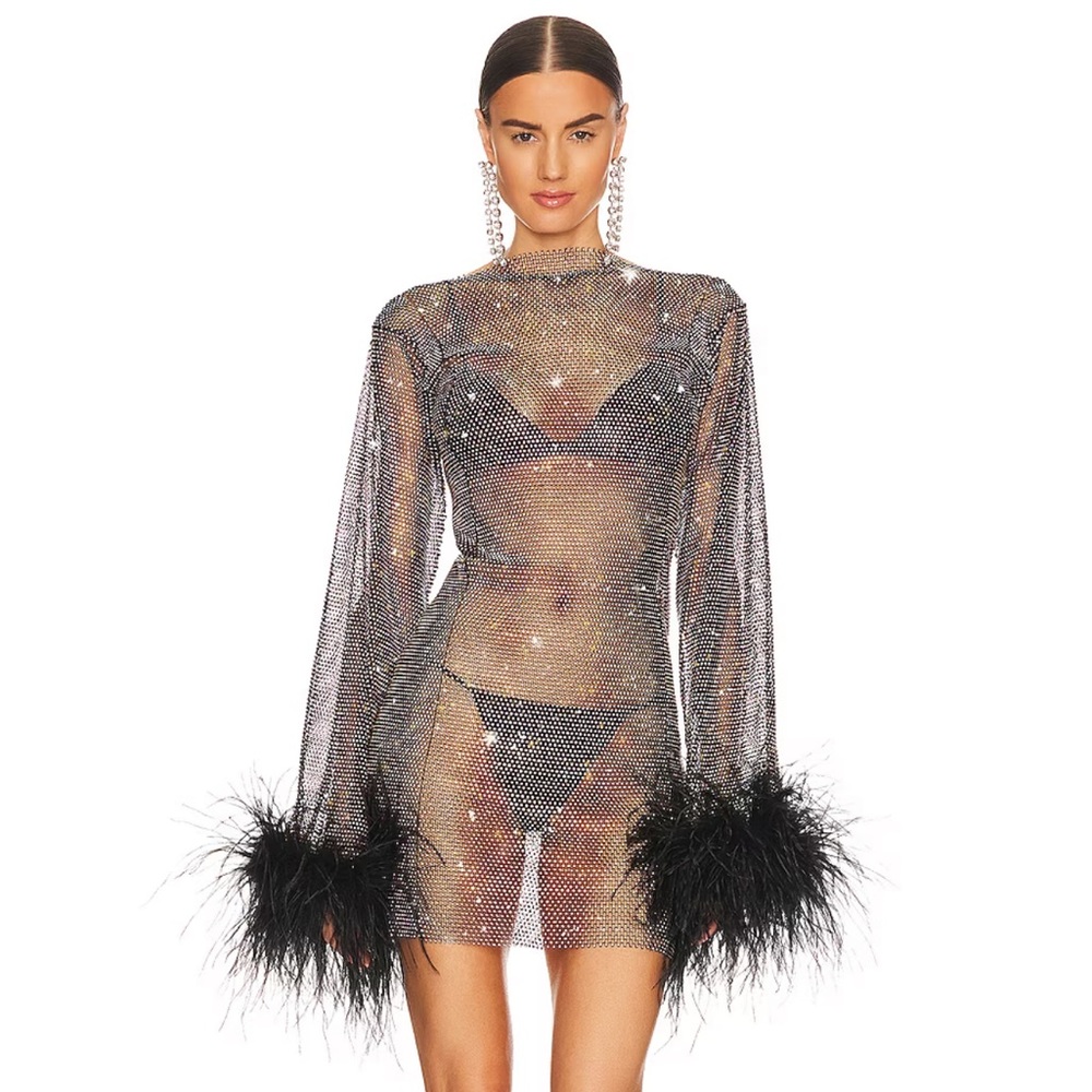 Santa Brands black feathers crystal mini dress NWT